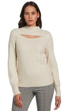 ELLA RAFAELLA Cream Cable Knit Sweater, Cut Out, Mock Neck, Sz XLP, New